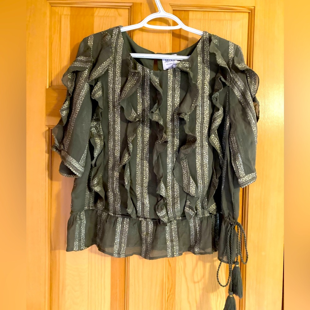 MISA Los Angeles olive green and gold short sleeve blouse